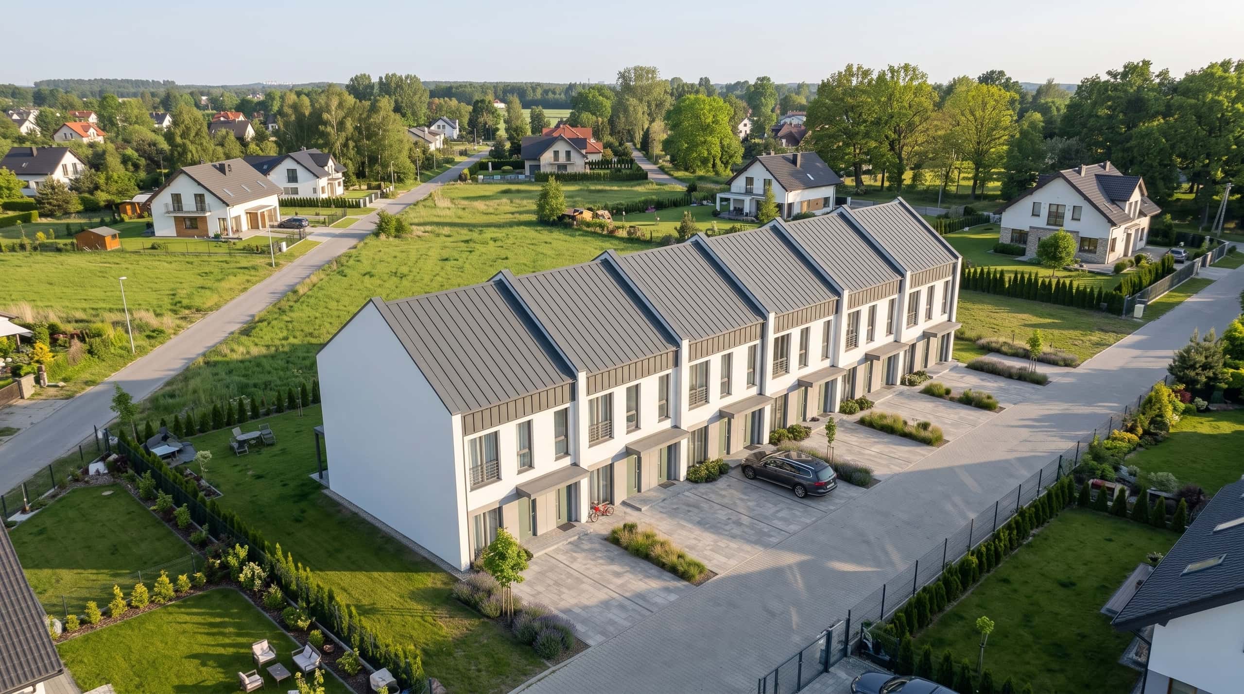 Widok z lotu ptaka na zabudowę, wizualizacja poglądowa.