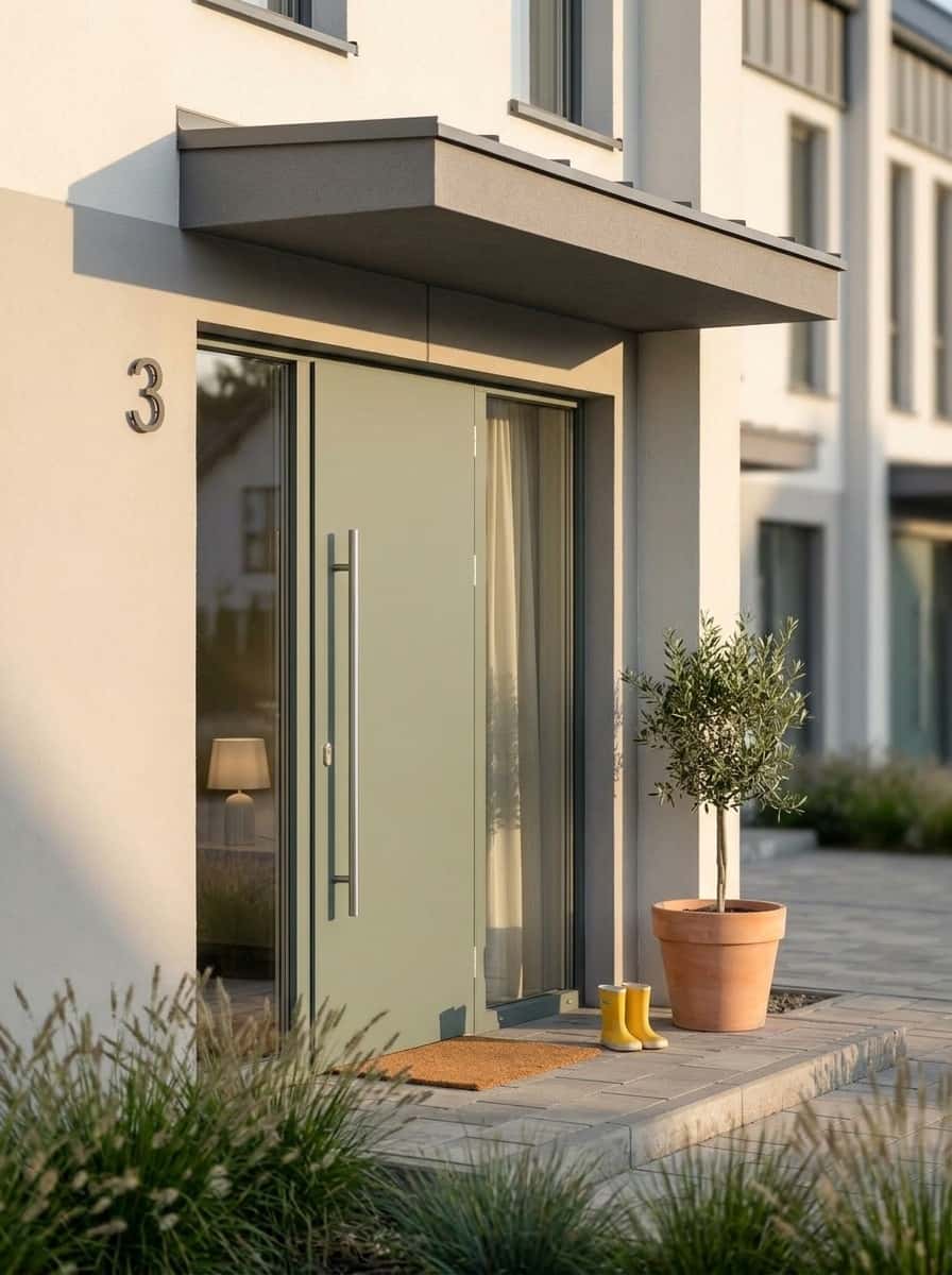 Szałwiowe drzwi wejściowe pod stalowym daszkiem.